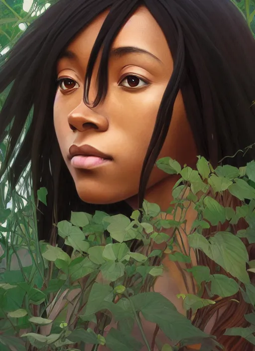 Prompt: pretty young black woman with shoulder length hair, path traced, highly detailed, high quality, digital painting, by studio ghibli and alphonse mucha, leesha hannigan, makoto shinkai, disney