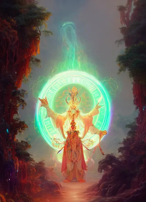 Image similar to Gigantic Deity with a halo made of fluorescent mushrooms and white antlers, flowing robes, extremly detailed digital painting, in the style of Fenghua Zhong and Ruan Jia and Peter Mohrbacher, mystical colors, rim light, beautiful lighting, 8k, stunning scene, raytracing, octane, trending on artstation