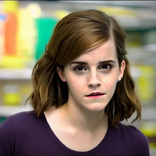 Image similar to emma watson, inside kmart, film still,