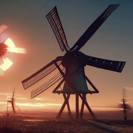 Image similar to gundam as dutch windmill in gundam, gundam is windmill shaped, dutch windmill gundam, in gears of war, splash art, movie still, cinematic lighting, ray tracing, octane render, long lens, shallow depth of field, bokeh, anamorphic lens flare, 8 k, hyper detailed, 3 5 mm film grain