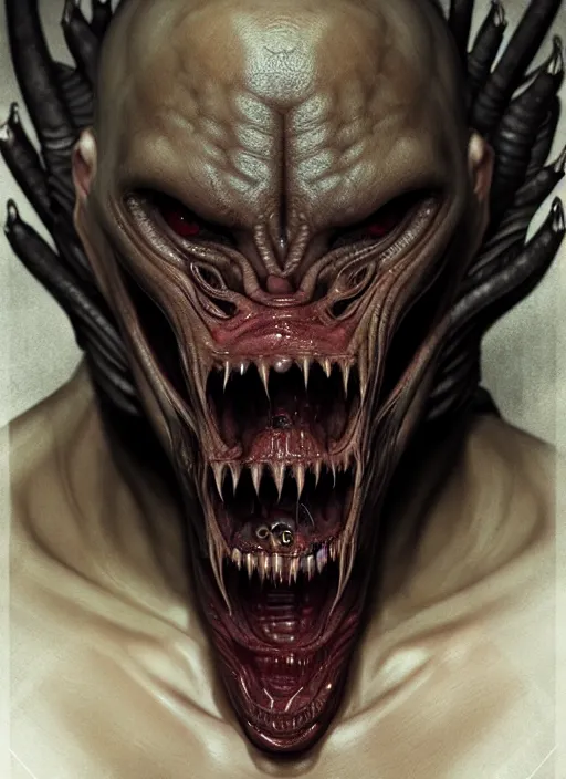 Image similar to ultra realistic, male human predator alien hybrid, fangs, goth, tattoos, leather, fantasy, flesh, bone, body horror, intricate details, eerie, highly detailed, octane render, 8 k, art by artgerm and alphonse mucha and greg rutkowski