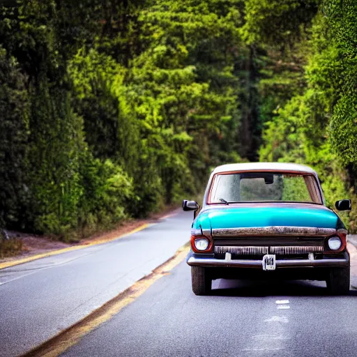 Prompt: an ugly old car driving in a narrow road, award winning photo, 4 k, polarizing filter, photolab