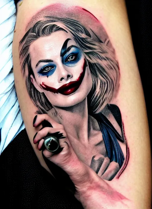 Image similar to tattoo design of beautiful margot robbie portrait with joker makeup, holding an ace card, in the style of den yakovlev, realistic face, black and white, realism tattoo, hyper realistic, highly detailed