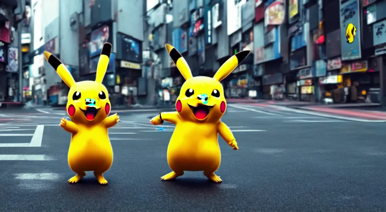 Image similar to hyperrealistic anthropomorphic pikachu dancing in the streets of dystopian tokio syd mead cinematic lighting 8k wide angle shallow depth of field