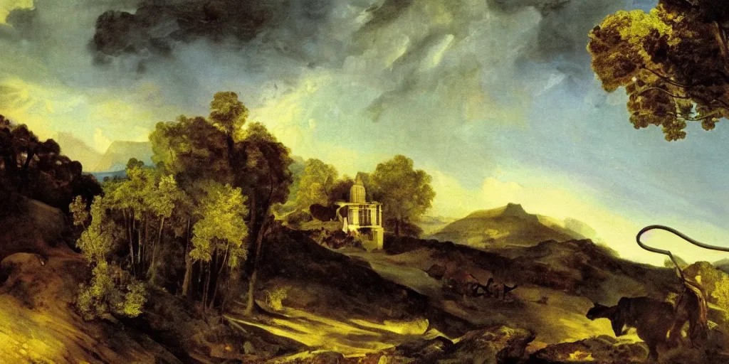 Image similar to detailed oil painting of a pipe organ attacking the countryside by Asher Brown Durand and alan lee and goya