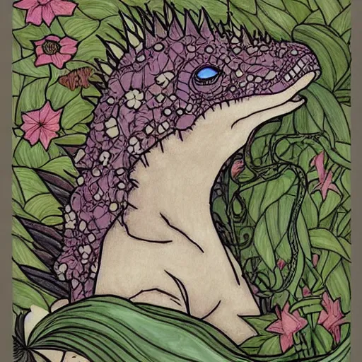 Image similar to godzilla smelling flowers, in the style of chiara bautista, mucha