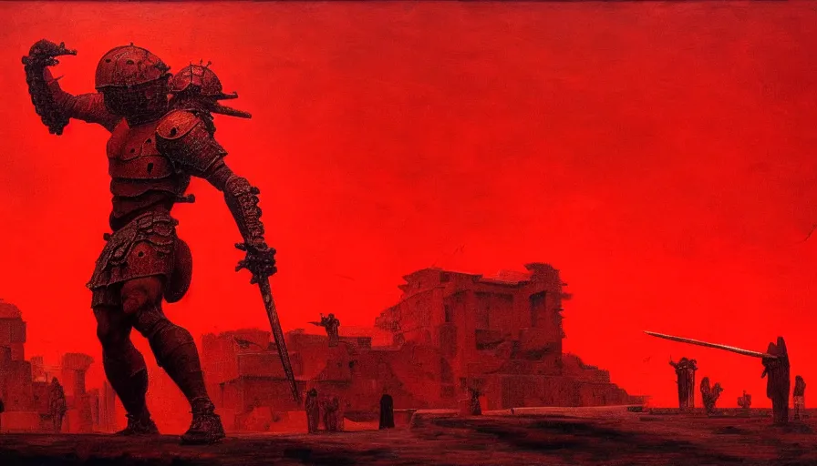 Image similar to only with red, a lightly armored gladiator in a crowded roman amphitheatre, crowd cheering, in the style of beksinski and edward hopper and rodcenko and yue minjun and artgerm, intricate and epic composition, red by caravaggio, highly detailed, masterpiece, red light, artstation