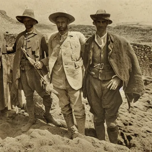 Image similar to ultra detailed photorealistic sepia - toned photo from 1 9 1 7, three clean - shaven british soldiers standing with two bedouin traders, at an archaeological dig site, ultra realistic, painted, intricate details, lovecraft, atmospheric, dark, horror, brooding, highly detailed, by clyde caldwell