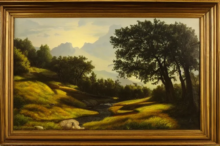 Prompt: masterpiece painting of oak trees on a hillside overlooking a creek, dramatic lighting, by a. y. jackson