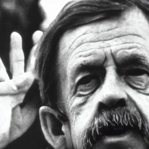 Image similar to a closeup of vaclav havel in a frame from a jan svankmajer movie