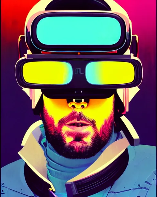 Prompt: a beautiful painting of a cyberpunk fernando alonso in vr glasses by syd mead by sachin teng and pascal blanche and ralph mcquarrie and greg rutkowski. in style of futurism art. ( colorful comic ), ( film noirs ), ( brush stroke ), ( vibrating colors ), hyper detailed. 4 k texture. octane render. trending on artstation