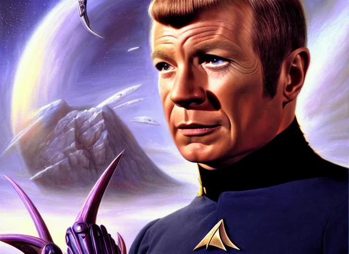 Prompt: portrait shot of a evil captain kirk in star trek, realistic, professionally, professionally color graded, intricate, elegant, highly detailed, centered, digital painting, artstation, concept art, smooth, sharp focus, illustration, artgerm, tomasz alen kopera, peter mohrbacher, donato giancola, joseph christian leyendecker, wlop, boris vallejo