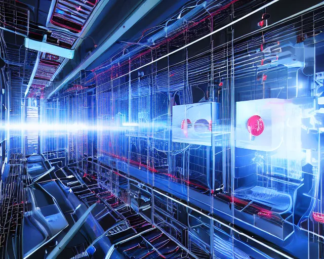 Image similar to datacenter with red laser trip - wire alarm system in the style of mission impossible, server in the middle, deep view, heavy blue led lights, wires connected, award winning, extremely detailed, artstation, 8 k, incredible art