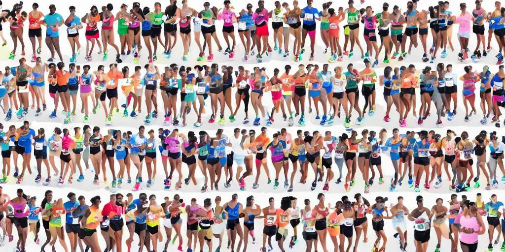 Image similar to Storyboard Sketch of Studio Photograph of starting line of many diverse marathon runners. multiple skintones. Frontal. Shot on 30mm Lens. Advertising Campaign. Wide shot. Fashion Studio lighting. White background.