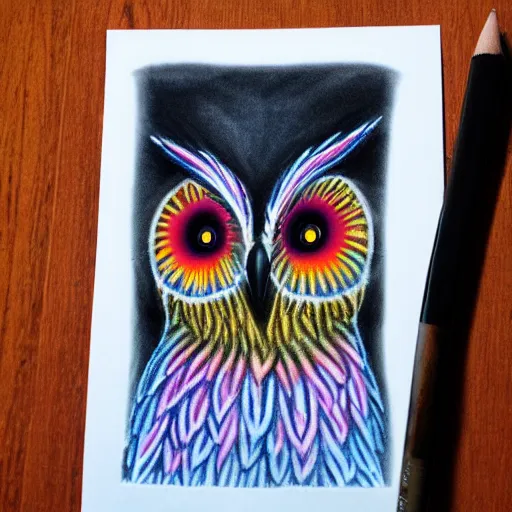 Image similar to color charcoal art, glowing white owl, in a windowsill