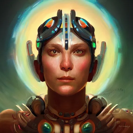 Image similar to portrait of a future metaverse cyborg tech shaman warrior by Mandy Jurgens, cartoon, oil painting , visionary art, symmetric, Magick symbols, holy halo, shipi bo patterns, sci-fi