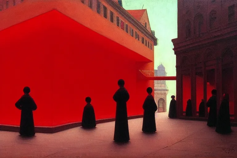 Image similar to only with red, crowd cheering at the sight of a painting, in a city square, in the style of beksinski, parts by edward hopper, parts by rodcenko, parts by yue minjun, intricate and epic composition, red by caravaggio, insanely quality, highly detailed, masterpiece, red light, artstation, 4 k