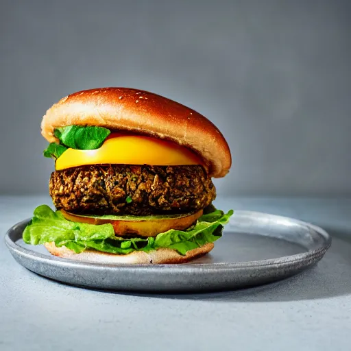 Image similar to juicy vegan hamburger topped with avocado and onion and a vegan fried egg, crispy buns, 8 k resolution, professional food photography, studio lighting, sharp focus, hyper - detailed