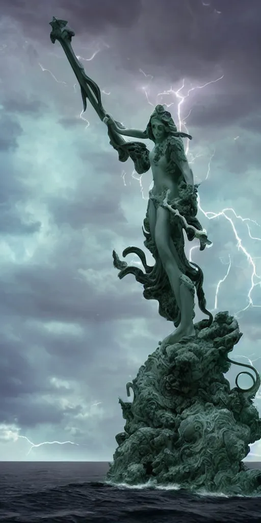 Image similar to gigantic marble statue of an alien of the sea wielding a trident on an island. roiling waves at the base. scene lit by lightning. thunderclouds in the background. fantasy setting. magicians praying to the statue. purples and greens. fantasy aesthetic. extremely detailed. 4 k. digital art.