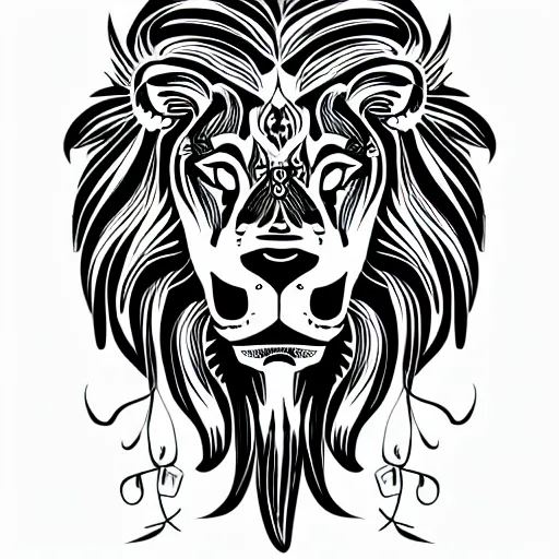 Prompt: black and white tattoo design on white background, semi-profile portrait of a proud and strong lion, side view, in a suit with a Lilly on the lapel, royal, stylized, surrounded by decorative flowers, art deco