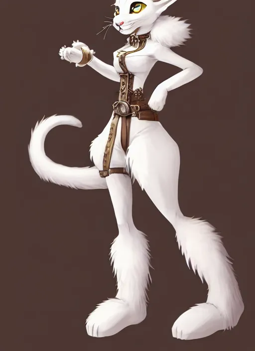 Image similar to wide angle beautiful full body portrait of a strong female anthropomorphic anthro white lynx fursona wearing a steampunk dress. character design by disney, anime, manga, charlie bowater, ross tran, artgerm, and makoto shinkai, detailed, soft lighting, rendered in octane