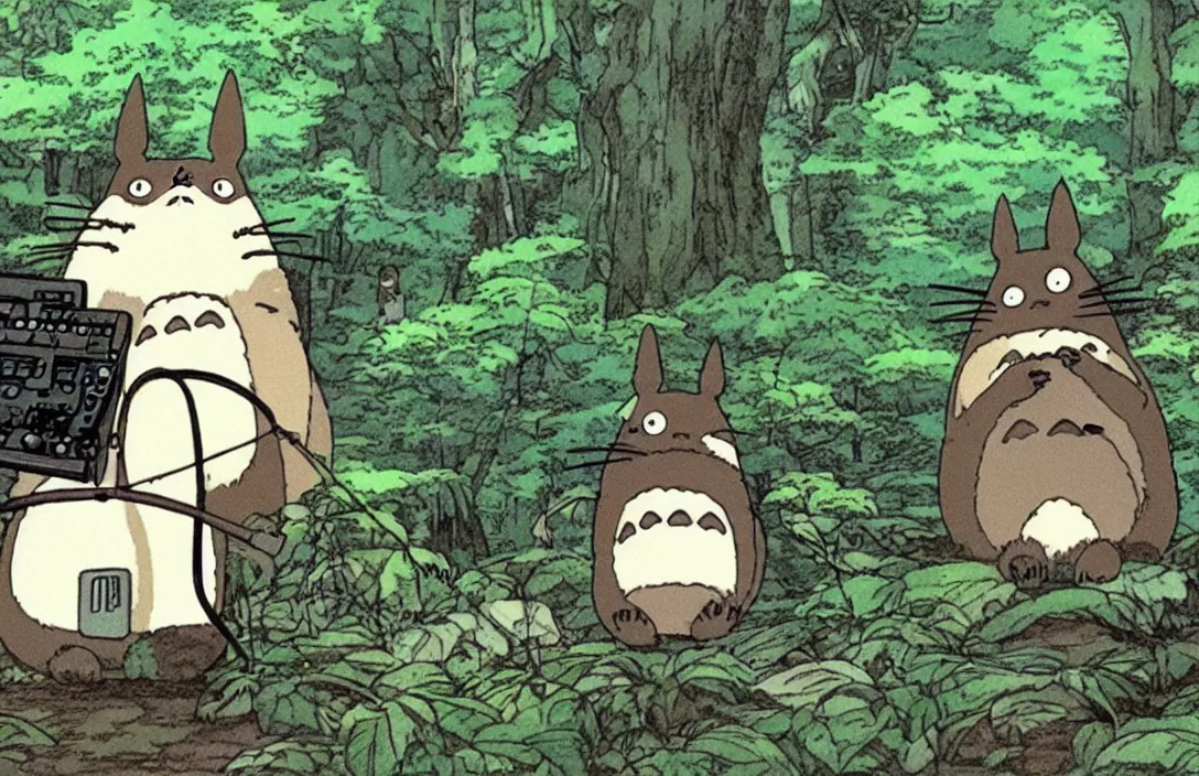 Prompt: a still of Totoro in sunglasses playing a synthesizer in the forest, Studio Ghibli, Miyazaki