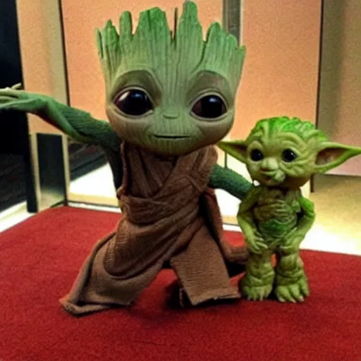 Prompt: Baby Groot high-fives with Baby Yoda
