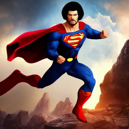 Image similar to movie scene of bob ross as superman,avengers,cinematic,hyperdetailed,photorealistoc,cinematic,professional lighting,professional compositong,8k,detailed face,muscular,shot from a high quality movie,avengers 2022