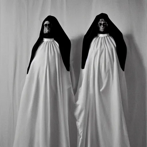 Image similar to nightmare vision, black and white, award winning photo, levitating twin nuns, wearing translucent sheet, in a sanctuary, eerie, frightening —width 1024 —height 1024