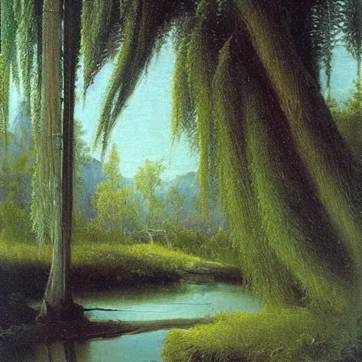 Image similar to oil painting of a willow tree next to a river by albert bierstadt, beautiful lighting - h 7 0 4