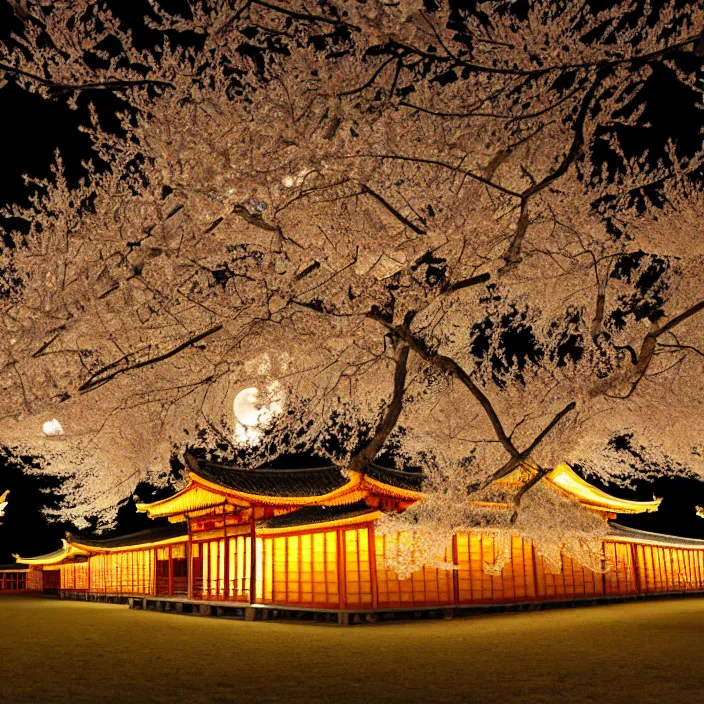 Image similar to Authentic illustrations of At night, willows and peach trees full of peach blossoms are strewn at random on both sides of the pavilions, and the bright moon is directly above the pavilions, Chinoiserie，light effect.