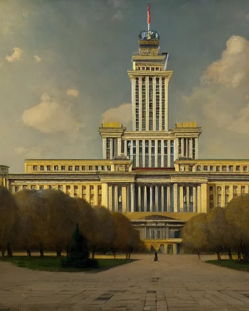 Image similar to the palace of culture and science in warsaw, poland. fantasy art by greg rutkowski, gustave courbet, rosa bonheur, edward hopper. faithfully depicted architecture, realistic, sharp focus, global illumination, radiant light, detailed and intricate environment, trending on artstation