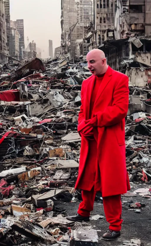 Image similar to cinematic scene of a bald comedian in red coat performing comedy show on top of dead bodies in streets of an apocalyptic metropolis destroyed after war, dramatic lighting, insane details