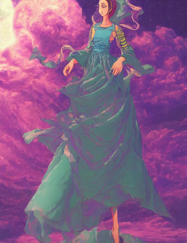 Image similar to middle eastern scifi alchemist at the rose garden, wearing a lovely dress with vaporwave details. this oil painting by the award - winning mangaka has an interesting color scheme and impeccable lighting.