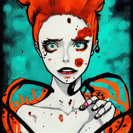 Image similar to Highly detailed portrait of pretty punk zombie young lady with, freckles and beautiful hair by Atey Ghailan, by Loish, by Bryan Lee O'Malley, by Cliff Chiang, inspired by image comics, inspired by graphic novel cover art, inspired by izombie, inspired by scott pilgrim !! Gradient orange, black and white color scheme ((grafitti tag brick wall background)), trending on artstation