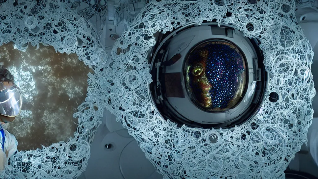 Image similar to a astronaut eva suit covered in diamond 3d fractal lace iridescent bubble 3d skin and covered with insectoid compound eye camera lenses floats through the living room, film still from the movie directed by Denis Villeneuve with art direction by Salvador Dalí, wide lens,