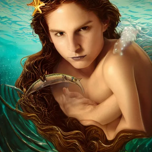 Prompt: christian bale portrait, fantasy, mermaid, hyperrealistic, game character, underwater, highly detailed, sharp focus, cinematic lighting, pearls, glowing hair, shells, gills, crown, water, highlights, starfish, jewelry, realistic, digital art, pastel, magic, fiction, ocean, king, colorful hair, sparkly eyes, fish, heroic, god, waves, bubbles, king