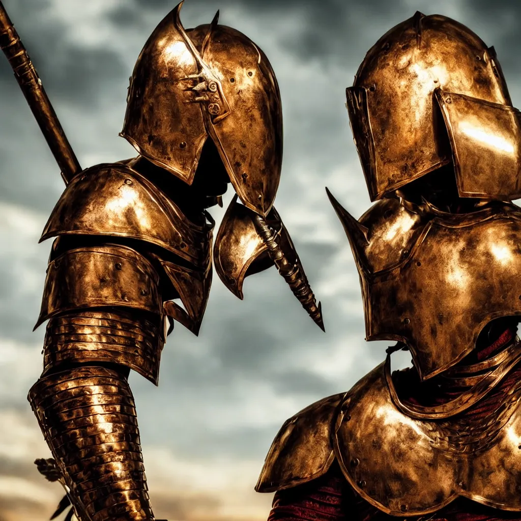 Image similar to of a photo of a knight character that has a helmet that is made of copper and gold, beautiful sculpted details, cinematic lighting, this knight is a war lord who roamed the fields in many battles, there is a faint red aura to him displaying a lot of power