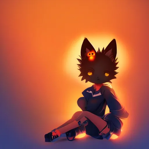 Prompt: tomboy anime girl with dark skin, black hair, wolf ears and glowing orange eyes, deviantart, artstation