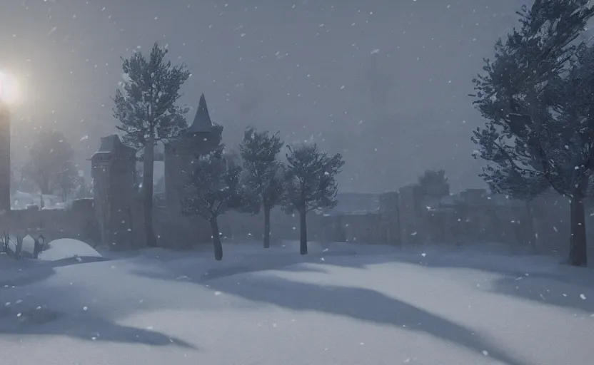 Image similar to winterfell in the snowstorm, doomy, Unreal Engine, cinematic photography, highly-detailed, games of thrones, HBO, high resolution, 8k, photorealistic, stunning volumetric lighting