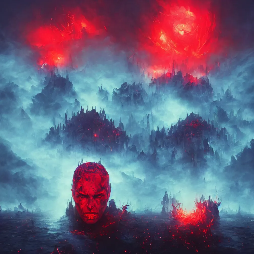 Prompt: an aesthetic portrait of the mad king, with his red lazer eyes beaming across the city of blood and prisms by john harris and mark simonetti and leonid afremov and ivan aivazovsky, unreal engine, hyperrealistic, vray, unsplash photo contest winner, digital art, cyberwave, neon, cinematic