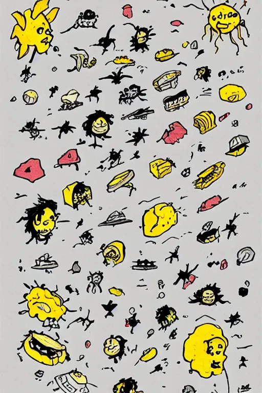 Image similar to aliens on a moon made of cheese by quentin blake