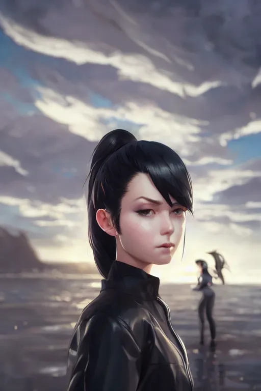 Image similar to black ponytail hair, pale woman in a black unzipped jacket, black shorts, by artgerm, beautiful render, matte painting, realistic, dynamic angle, wlop, loish, octane render, sharp focus, decadent, by greg rutkowski makoto shinkai