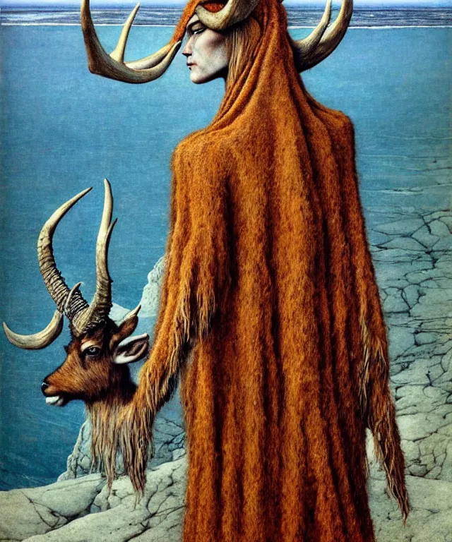 Prompt: A detailed horned antelopewoman stands by the sea. Wearing a ripped mantle, robe, many rings on the hands. Hooves, perfect faces, symmetrical, extremely high details, realistic, fantasy art, solo, masterpiece, art by Zdzisław Beksiński, Arthur Rackham, Dariusz Zawadzki