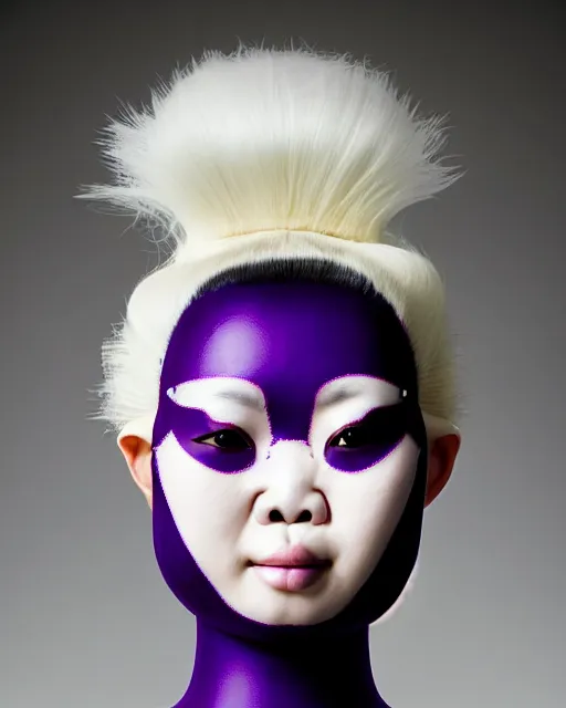 Image similar to symmetrical portrait of an asian woman wearing a silicone embroidered purple beauty mask and white hair buns, wearing a black bodysuit by alexander mcqueen, cream white background, soft light, biotechnology, humanoide robot, bjork aesthetic, translucent, by rineke dijkstra, intricate details, highly detailed, masterpiece,