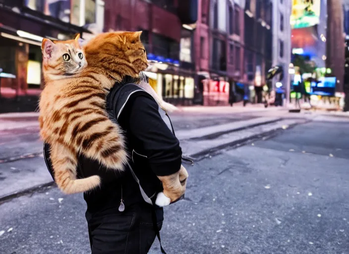 Image similar to photography of a Cat being carried in an half open backpack . in a new york street. award winning photo, led lighting, night, 130mm, sharp, high res