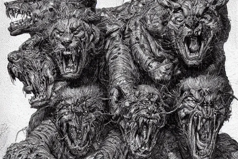 Image similar to cerberus hyperdetailed photo of a cerberus by ed binkley, wayne barlowe, alex horley, johfra bosschart, craig mullins, three head one body, cerberus, details