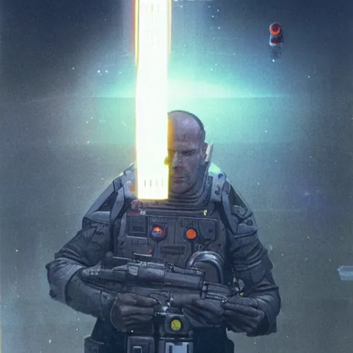 Prompt: jason statham as sci - fi bounty hunter, chris foss, john harris, beeple, wayne barlowe