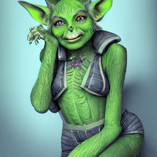 Image similar to Very detailed illustration of a beautiful goblin girl, green skin, big beautiful ears, digital concept art