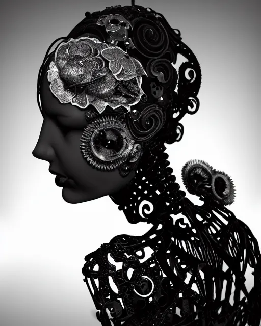 Image similar to black and white dreamy foggy smoky profile face portrait, one silver steampunk realistic eye biomechanical beautiful young female cyclope - cyborg - robot bust, body ribs meshes,, volumetric light, hibiscus flowers, by hg giger, rim light, by dora maar and cecile beaton, big gothic fashion pearl embroidered collar, 8 k